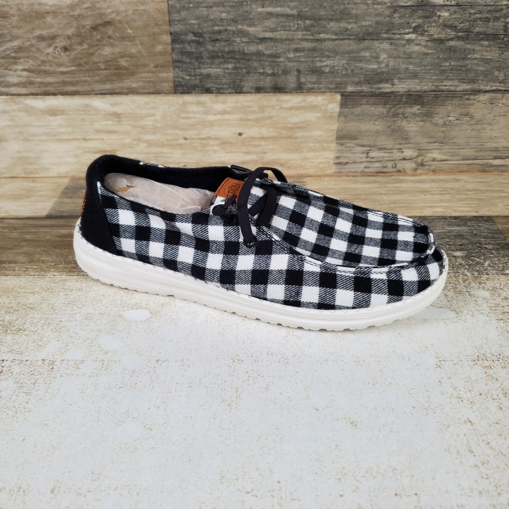 Hey Dude Wendy Buffalo Womens Loafer Shoes Sz 7 Black Egret Checkered Slip On